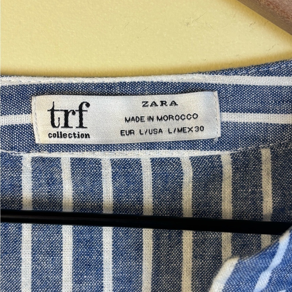 Zara TRF Blue and White Striped Shirt Tunic V neck Linen Size Large - Picture 3 of 5